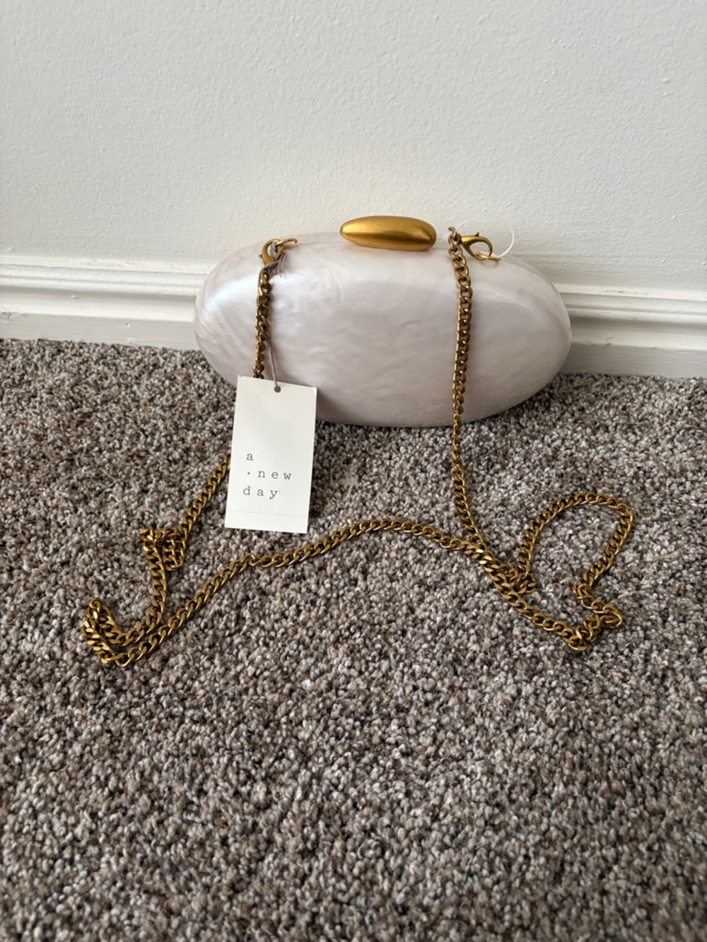 a new day Pearl White Shell Clutch with Gold Chain